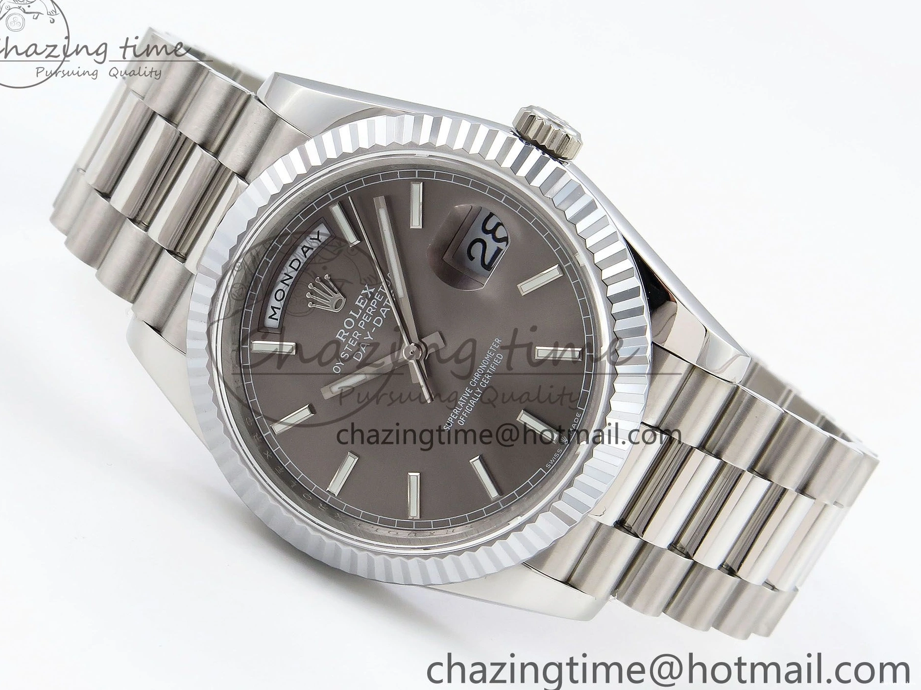 0516 FreshLook DayDate 40 SS JDF 904L Steel Gray Stick Dial on President Bracelet VR3255 V3 (Gain Weight) 1446